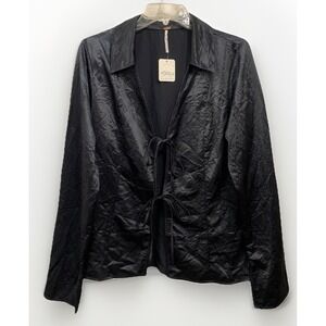 Free‎ People Star Eyes Black Satin Crinkle Long Sleeve Blouse Women  M NWT Boho